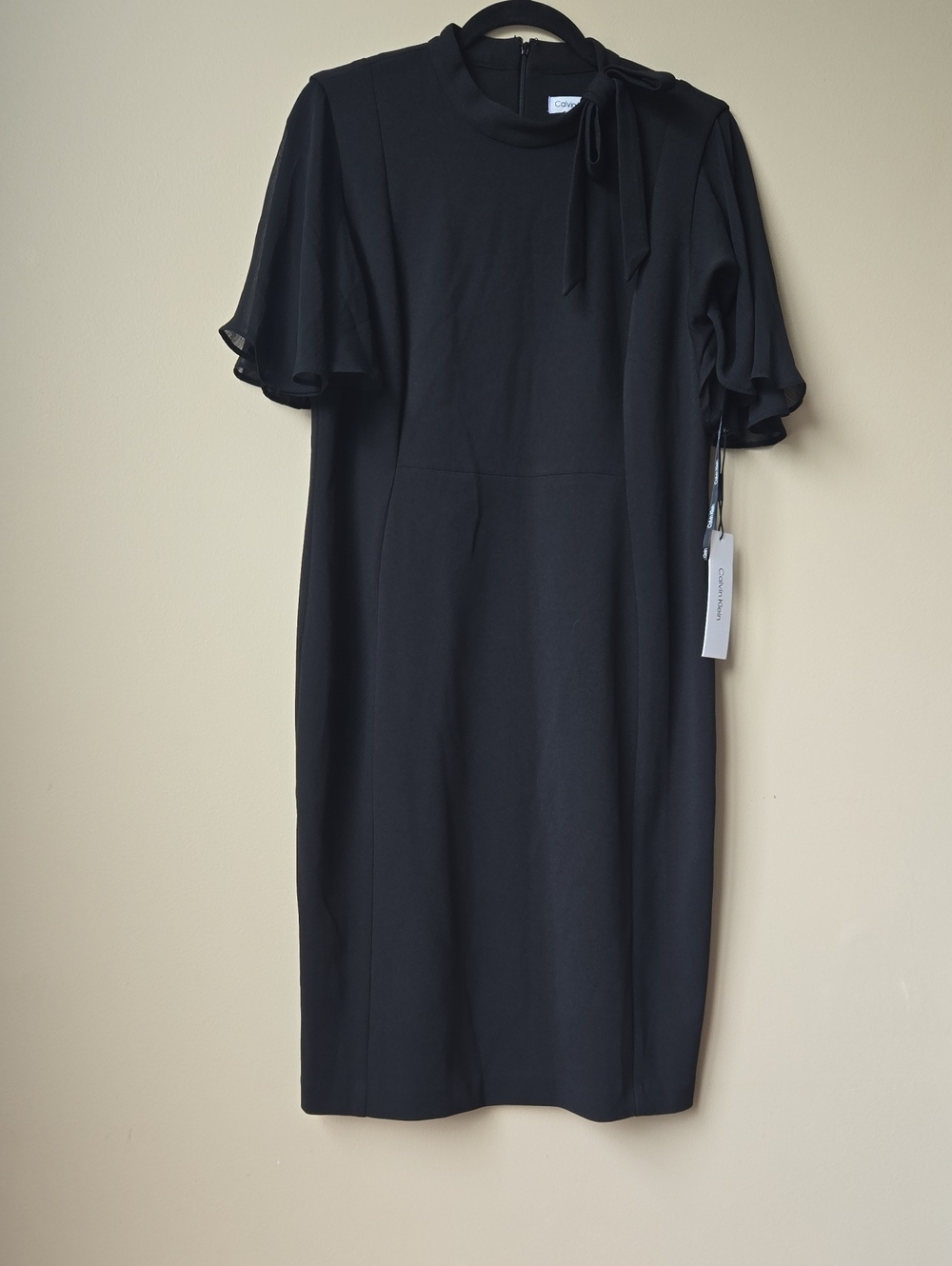 Calvin Klein Black Tie-Neck Midi Dress with Flutter Sleeves